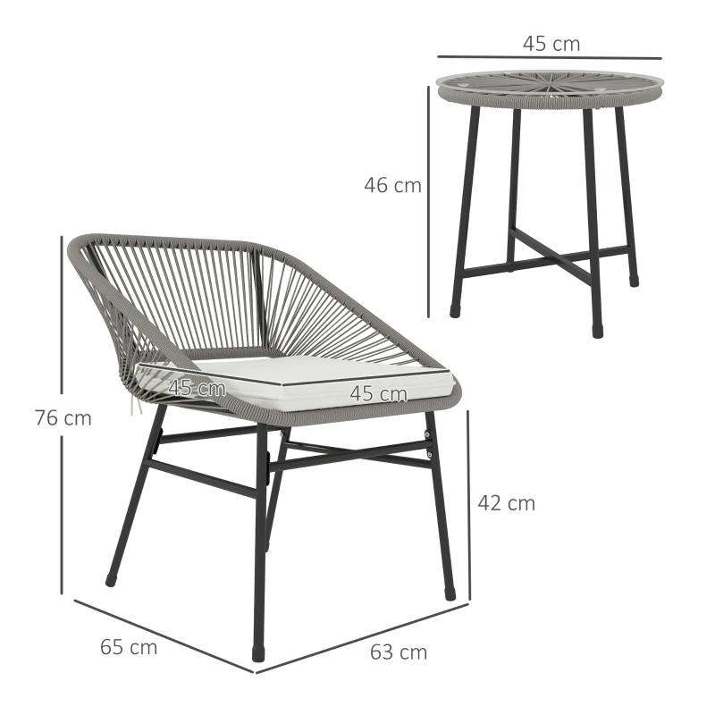 Outsunny Set de mobilier de exterior cu 3 piese, 1 masă, 2 scaune, Împletitură de ratan, Cadru din oțel, Masă de cafea cu blat de sticlă, Gri închis