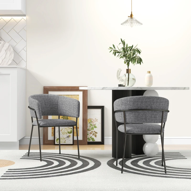 HOMCOM Lot de 2 scaune de dining picioare din oțel, șezut tapitat în material textil aspect lin, gri