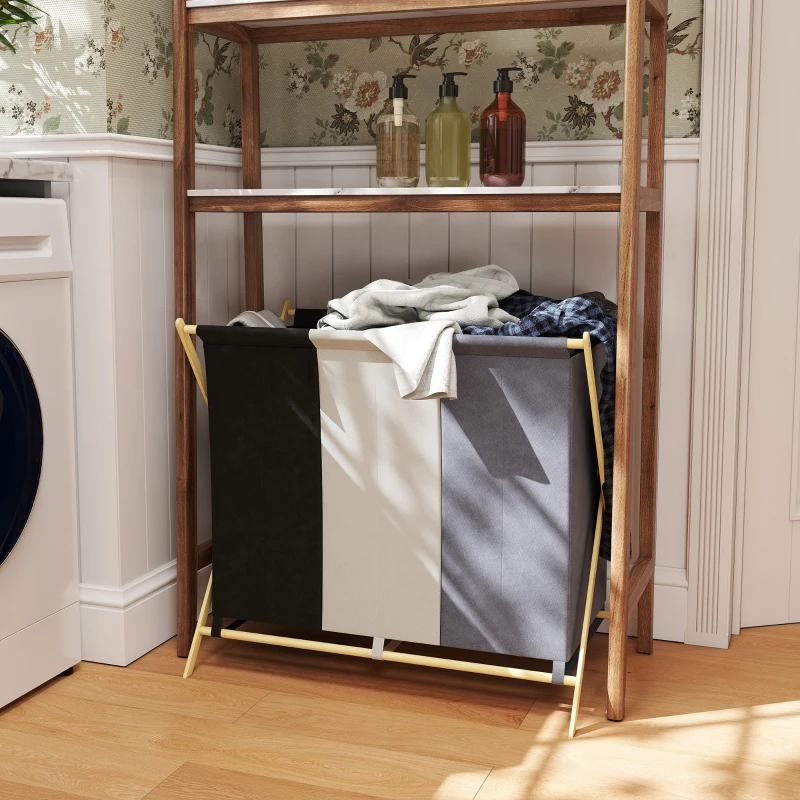 HOMCOM Cesto para Roupa Suja Dobrável com 3 Compartimentos Capacidade 129L com Estrutura de Bambu e Sacos Removíveis Multicolor