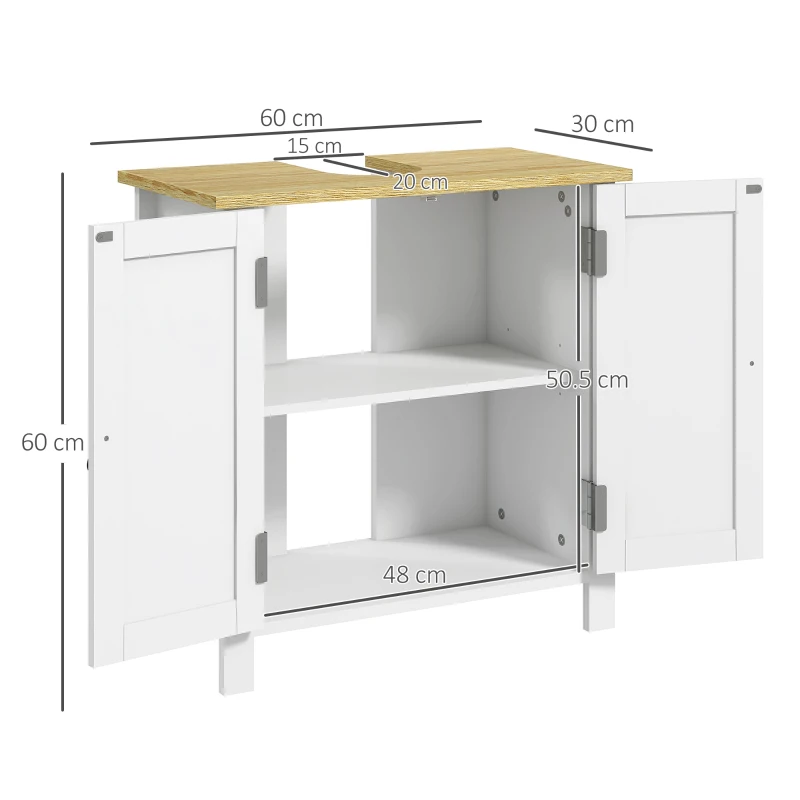 kleankin Mobilier sub-lavabo 2 usi raft reglabil 2 etaje interioare manere din PU 60 x 30 x 60 cm alb