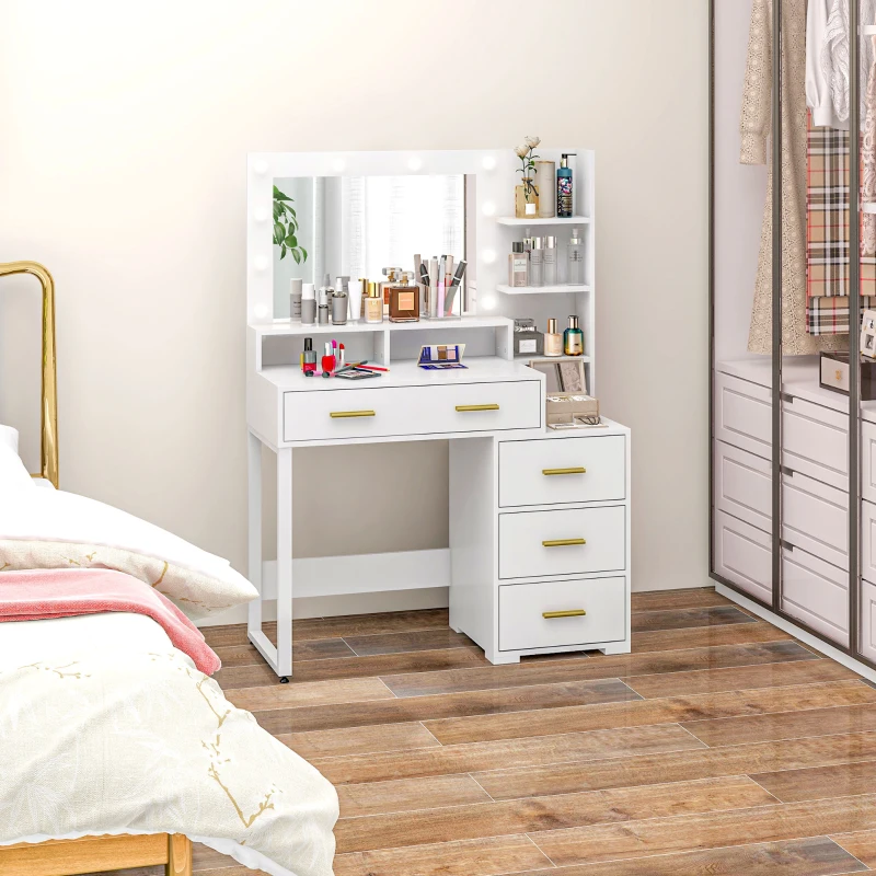 HOMCOM Coiffeuse avec miroir et 9 lumières LED, 4 tiroirs et 6 compartiments ouverts, 100 x 40 x 138 cm, blanc