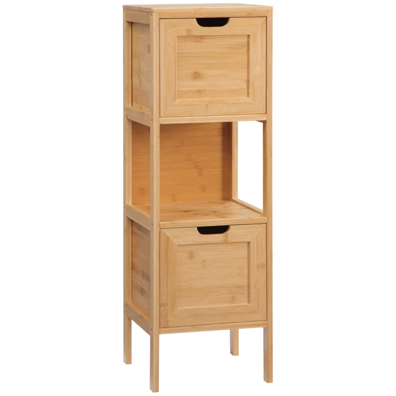 kleankin Comodă de depozitare coloană pentru baie din bambus 2 sertare și 1 raft - dim. 30L x 30l x 90H cm
