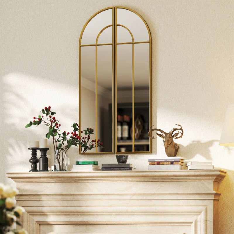 HOMCOM Miroir mural arc 30 x 120 cm, mare miroir decorativ cu ramă metalică, pentru living, cameră, hol, nuanță auriu