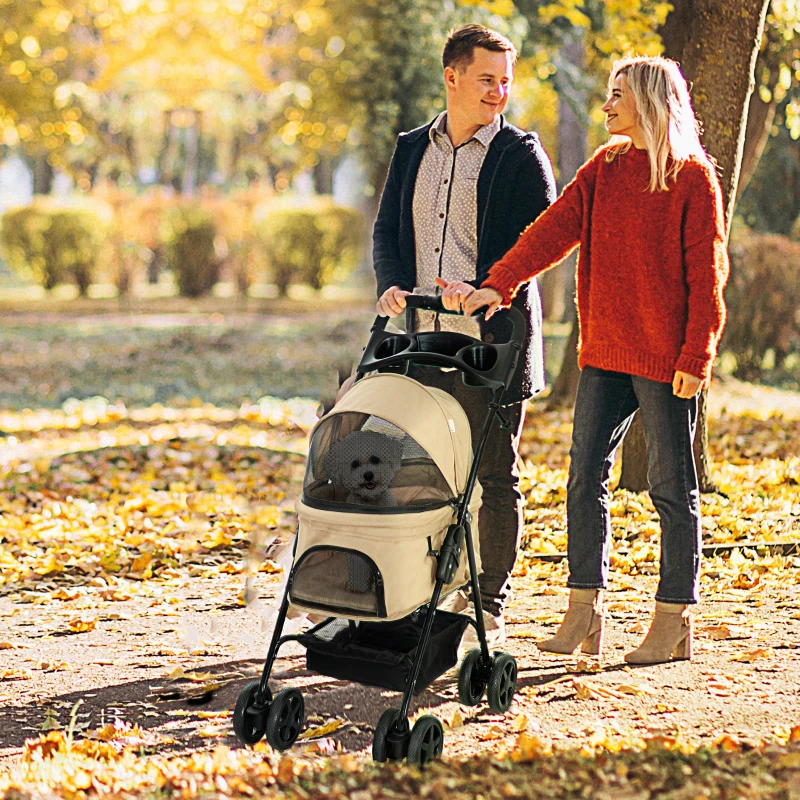 PawHut Cărucior câini Hundebuggy, pliabil, 2 curele de siguranță, 2 suporturi pentru pahare, 67 x 45 x 96 cm, Khaki