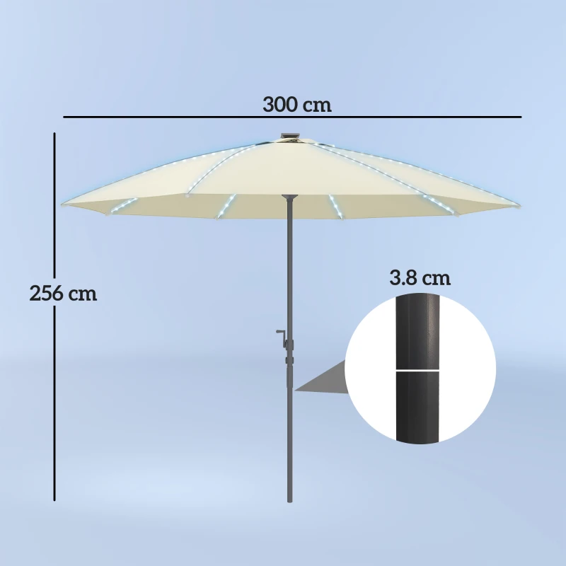 Outsunny Umbrelă Terasă Exterioară cu Lumini LED Protecție UV50+ Stâlp din Aluminiu Manivelă Acoperiș Ventilat Ø300x256 cm Crem