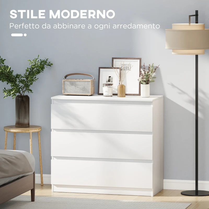 HOMCOM Cassettiera 3 Cassetti Moderna senza Maniglie per Camera e Soggiorno, 80x39x73 cm, Bianco