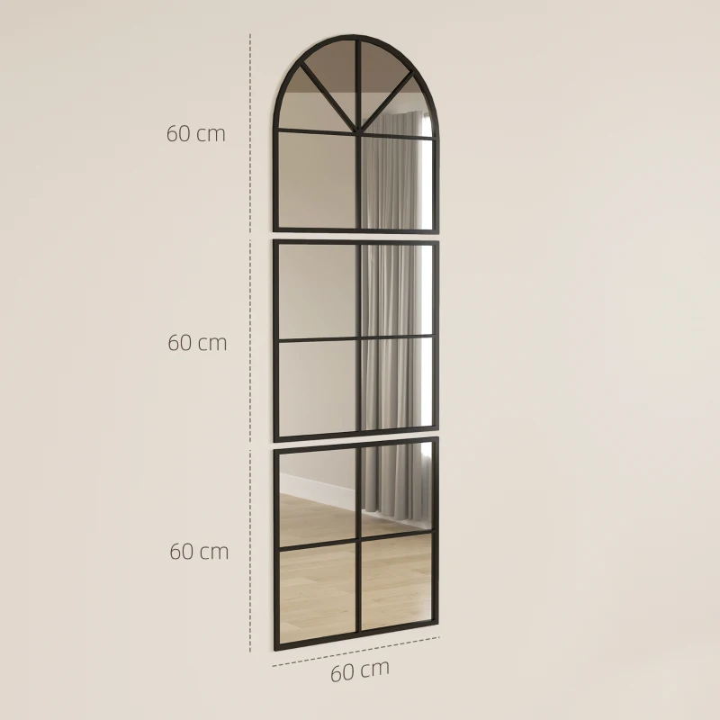 HOMCOM Oglindă murală arhitectonică 60 x 180 cm fereastră cu cadru metalic, pentru salon, dormitor, hol, negru
