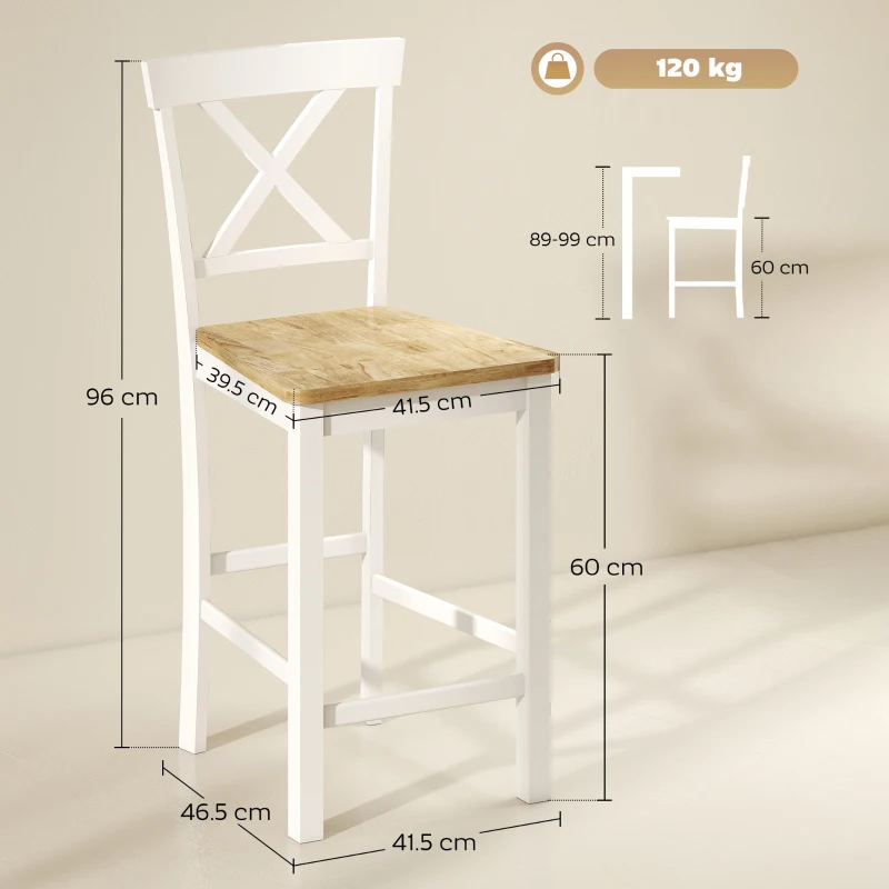 HOMCOM Set de 2 scaune de bar cu spătar și suport pentru picioare, lemn de cauciuc, pentru bucătărie, sală de mese, bar, Stejar+Alb