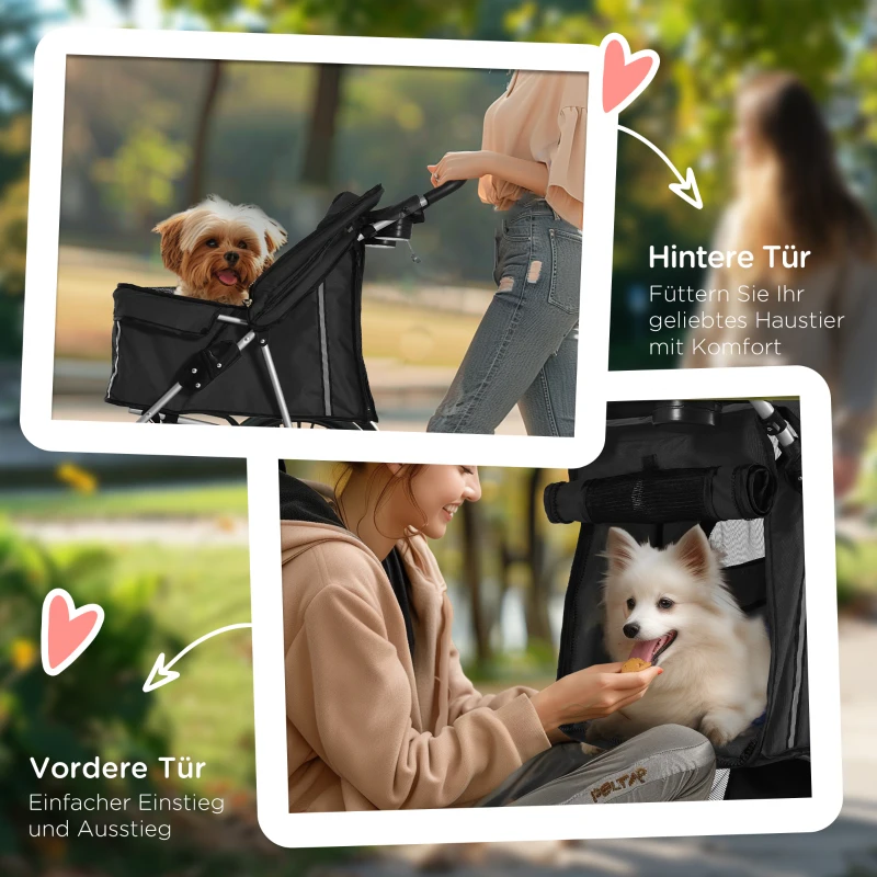 PawHut Hondenbuggy inklapbaar met bekerhouder zonnedak zwart