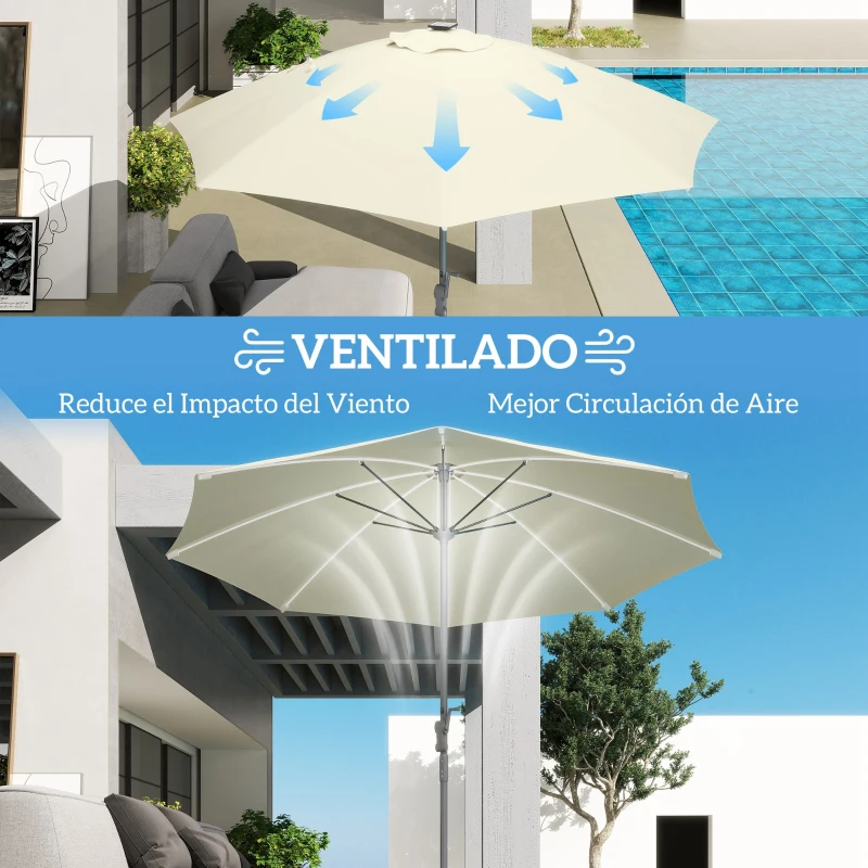 Outsunny Umbrelă Terasă Exterioară cu Lumini LED Protecție UV50+ Stâlp din Aluminiu Manivelă Acoperiș Ventilat Ø300x256 cm Crem