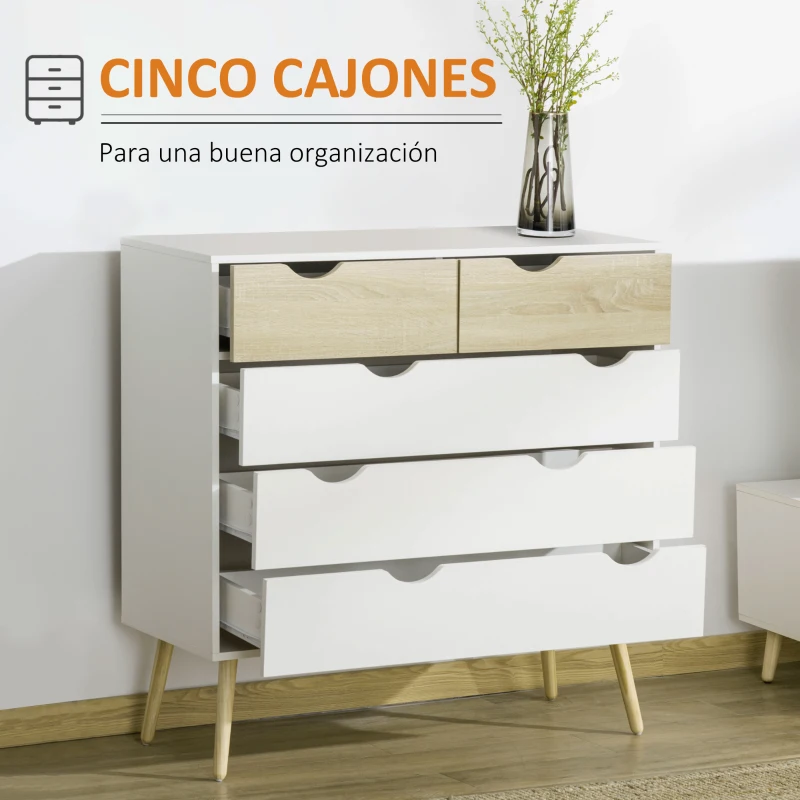 HOMCOM Cómoda para Dormitorio con 5 Cajones Patas Elevadas de Madera para Salón Oficina 99x39x101 cm Blanco y Roble