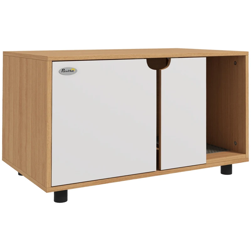 PawHut Mobilier pentru litieră, casă de toaletă pe picioare pentru pisici 2 în 1, uși, stil scandinav 80 x 48 x 48 cm natural și alb