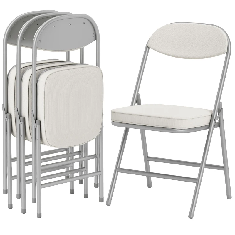 HOMCOM Set de 4 scaune pliante căptușite, Scaune pliante cu material catifea, spătar, cadru metalic, crem
