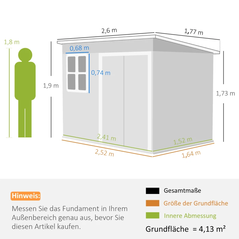 Outsunny Metallschuppen zur Aufbewahrung von Gartengeräten, mit Fenster, breite Tür, 260 x 177 x 190 cm, Dunkelgrau(m-3)