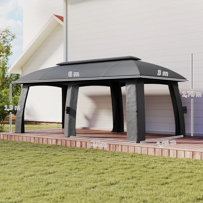 Outsunny Pavilion, Cort de petreceri, cu plase anti-insecte, plafon rezistent la vânt, pentru până la 15 persoane, gri închis, 3 x 6 x 3 m
