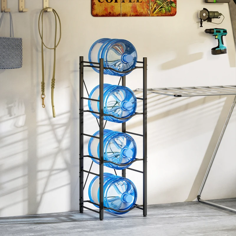 HOMCOM Suporte para Garrafões de Água de 4 Níveis Estante de Armazenamento para Garrafas de Água com Estrutura de Metal 34x34x105 cm Preto