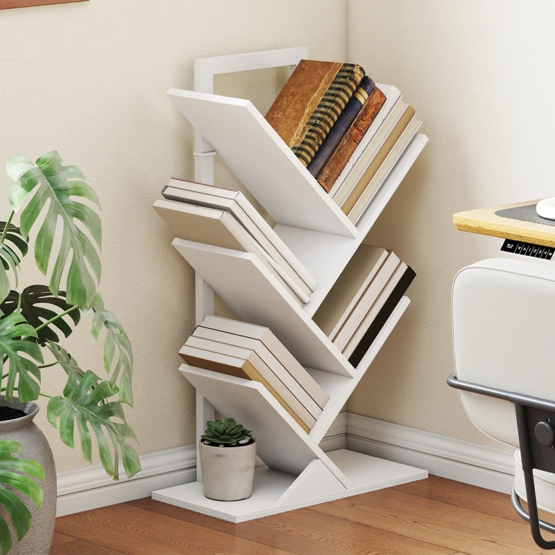 HOMCOM Bibliotecă în Formă de Copac cu 5 Rafturi și Sistem Antivărsare pentru Sufragerie Dormitor 50x24x82 cm Alb