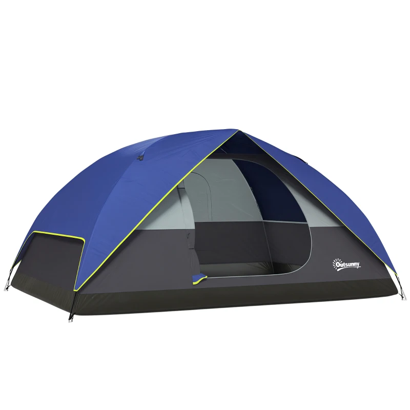Outsunny Cort de camping 2-4 persoane, cort dôme familial impermeabil, cu fereastră, 2 buzunare, sac de transport, albastru închis