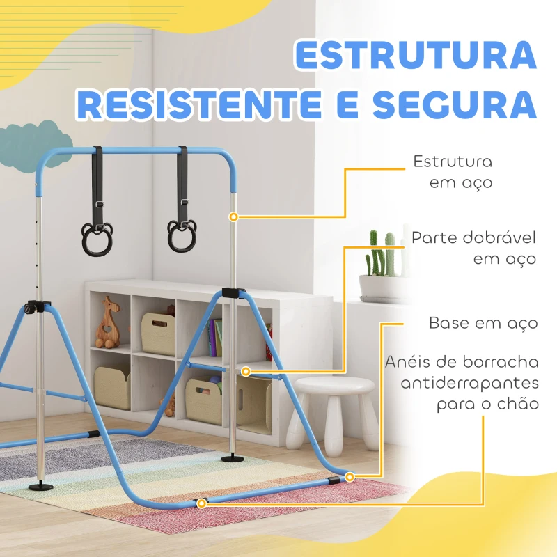 HOMCOM Barra de Ginástica para Crianças com Altura Ajustável em 5 Níveis Anéis e Dobrável 148x105x88-128 cm Azul