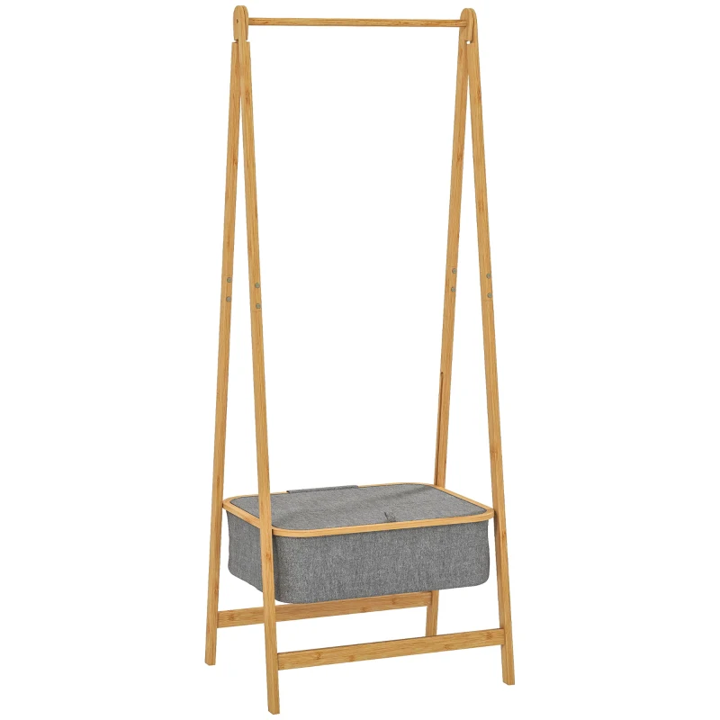 HOMCOM Suporte para Cabides de Bambu com Cesto de Tecido e Dobrável 60x44,5x157,5 cm Madeira Cinzento