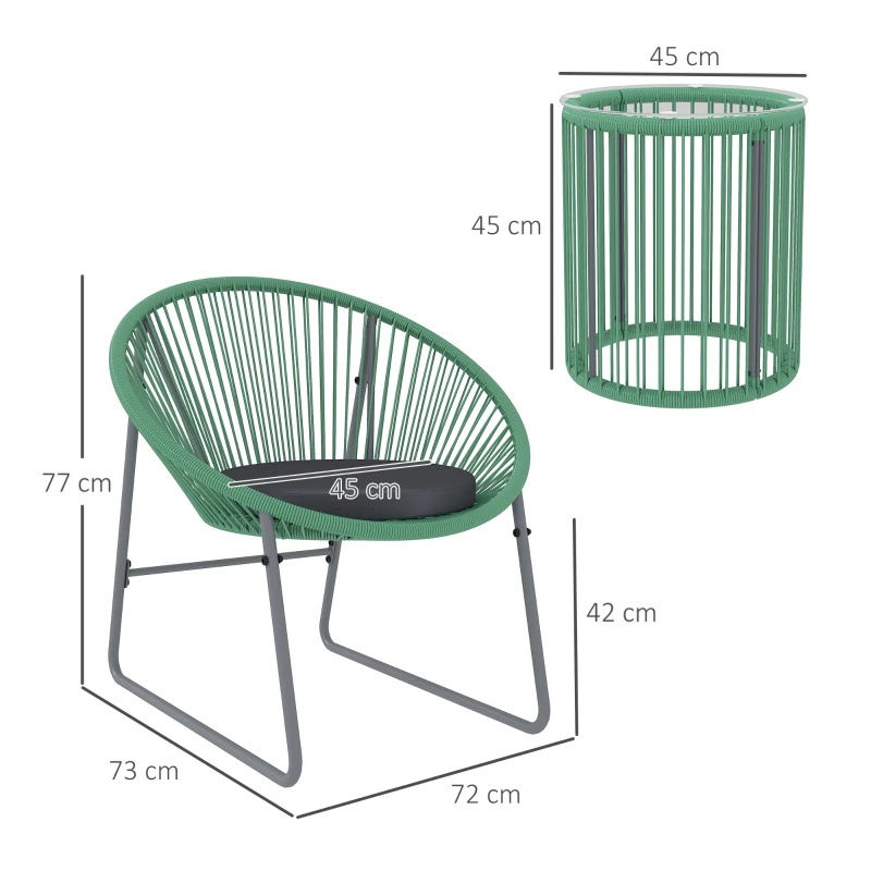 Outsunny Set de mobilier de exterior cu 3 piese, 1 masă, 2 scaune, placă de masă din sticlă, poliratan plastic înfășurat în cadre de oțel, perne moi, Verde