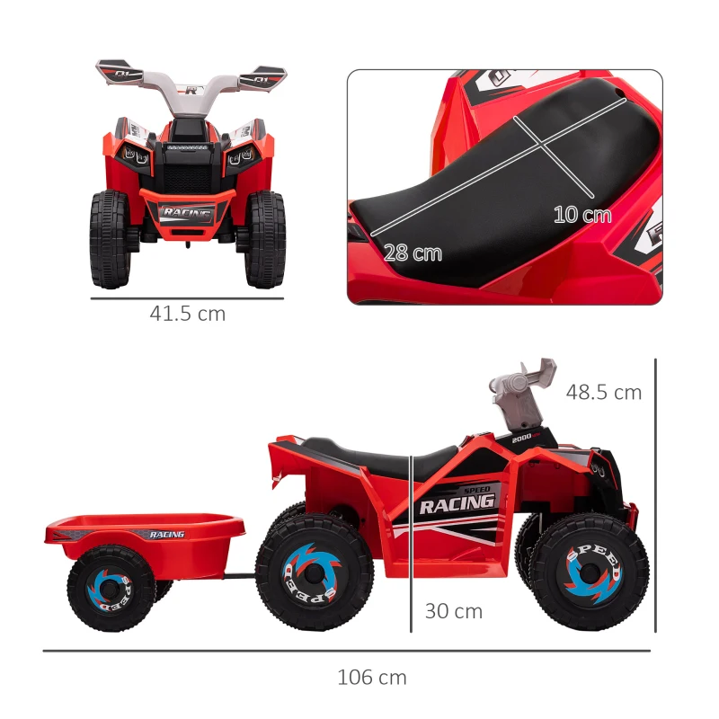 HOMCOM Quad Electric pentru Copii cu Remorcă, 2,5 km/h, 50 de minute de condus, pentru 1,5 până la 3 ani, până la 25 kg, Roșu