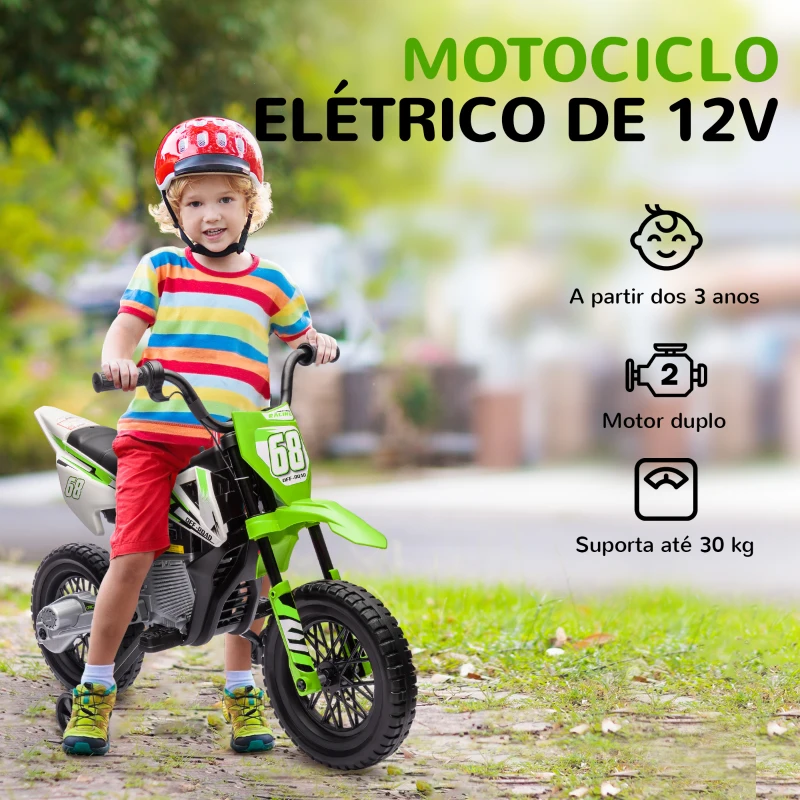 AIYAPLAY Mota Elétrica para Crianças com Bateria 12V Música Velocidade 2,4-5 km/h e Rodas Auxiliares 107x56x70 cm Verde