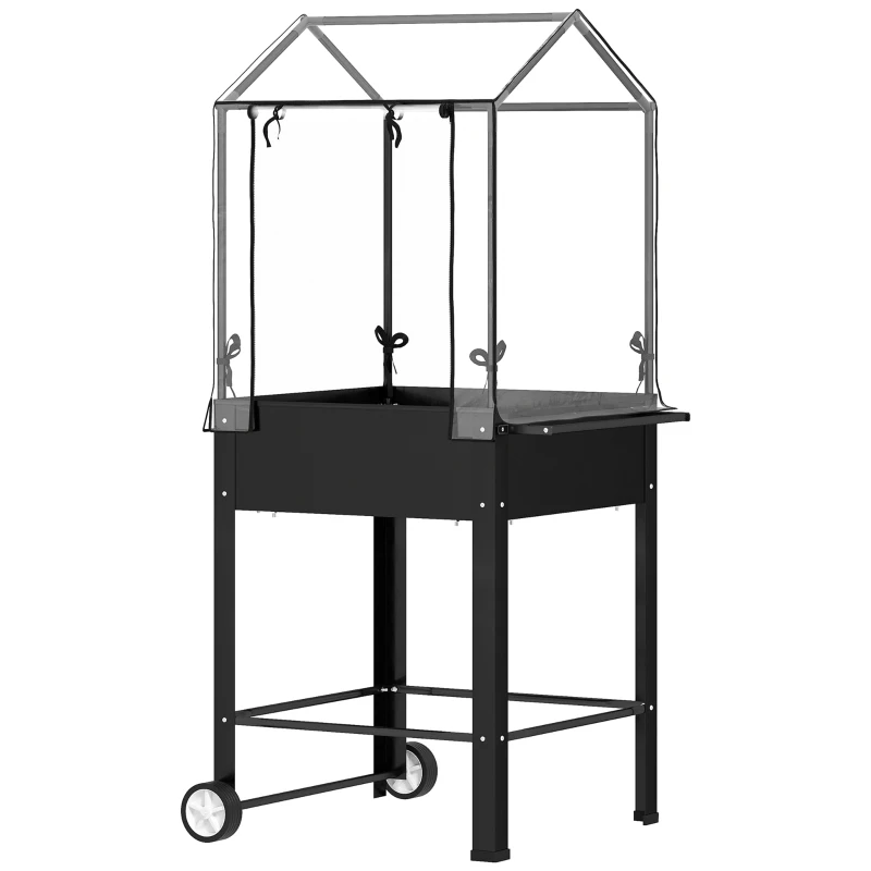 Outsunny Pătrat de grădină pe picioare cu capac din plastic, jardiniere ridicată cu roți și orificiu de drenaj 67 x 69 x 147 cm negru