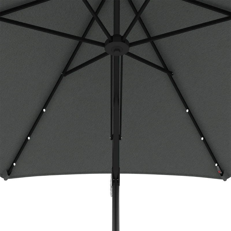 Outsunny Umbrelă Excentrică de 3 m cu Lumini LED cu Manivelă și Bază în Cruce pentru Exterior Patio Terasă Gri Închis