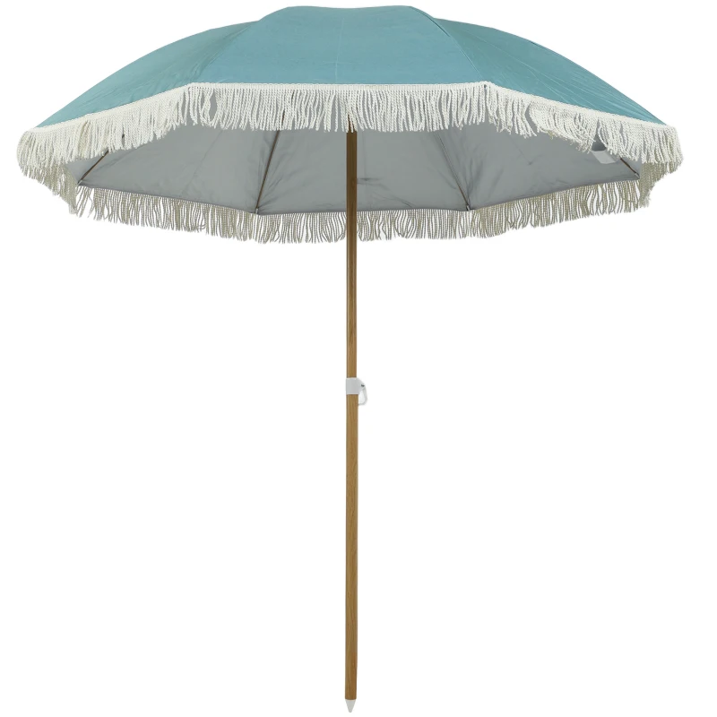 Outsunny Umbrelă de plajă mâner efect lemn Ø 1,7 m, umbrelă mare cu ciucuri înălțime reglabilă, UPF50+ sac de transport, bleu deschis