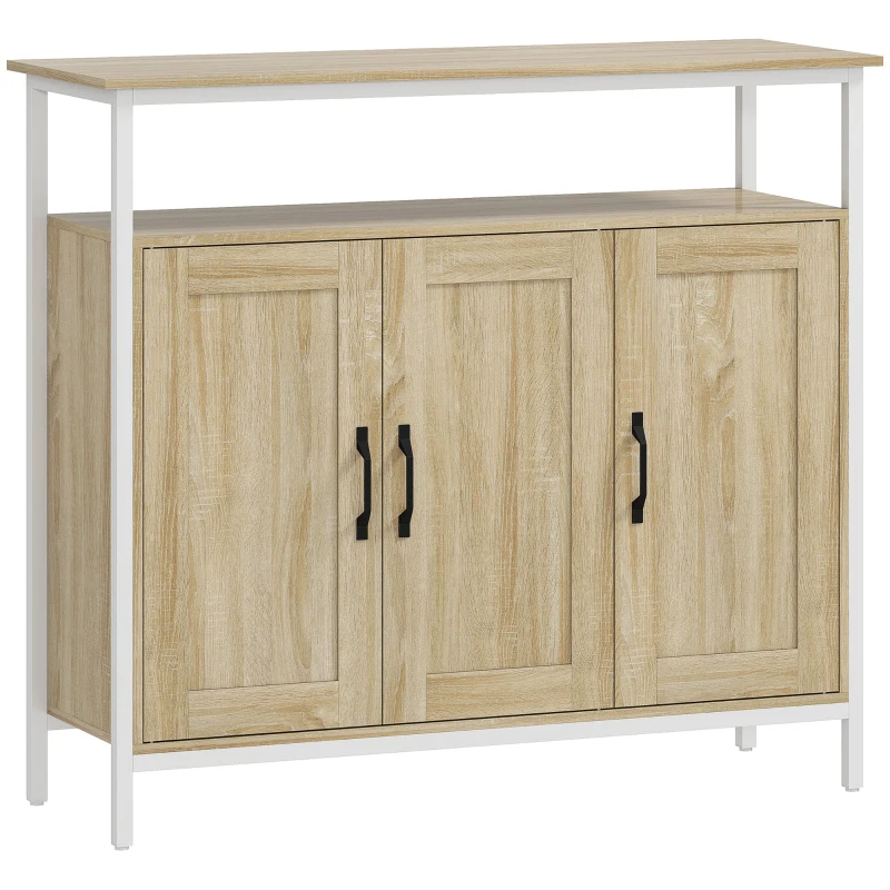 HOMCOM Buffet, meuble de rangement avec 3 portes, compartiment ouvert et 4 étagères réglables, 100 x 35 x 88 cm, bois naturel