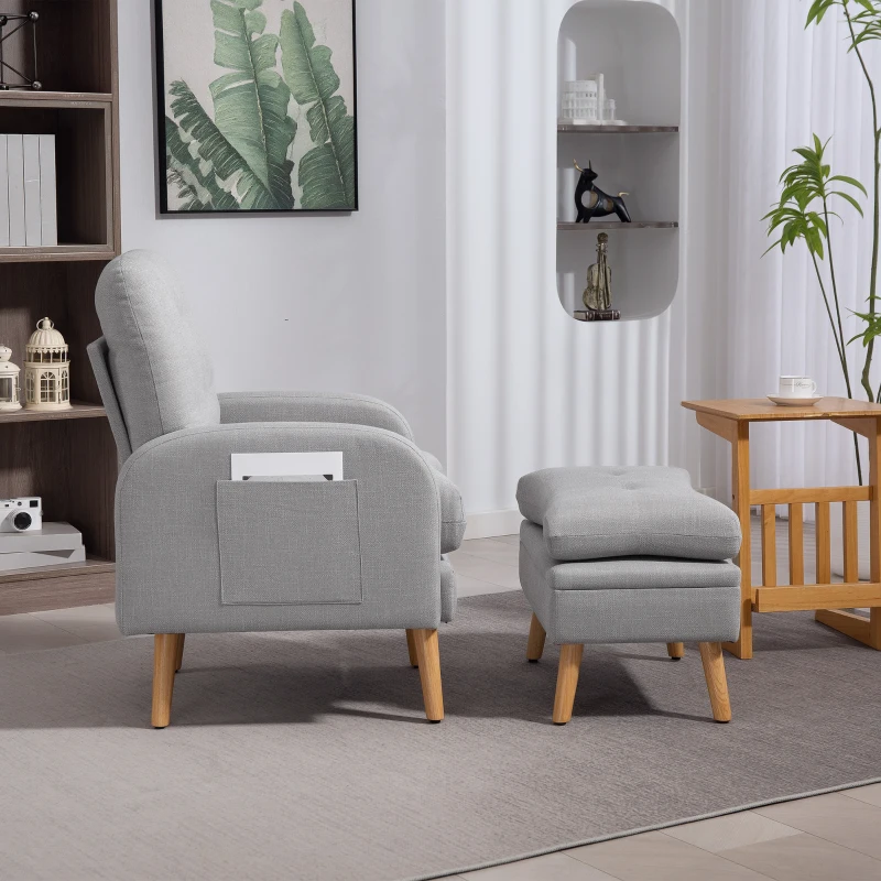 HOMCOM Fotoliu de relaxare cu repose-pied fotoliu TV cu perne capitonat din material lin 68,5 x 73,5 x 90 cm gri deschis