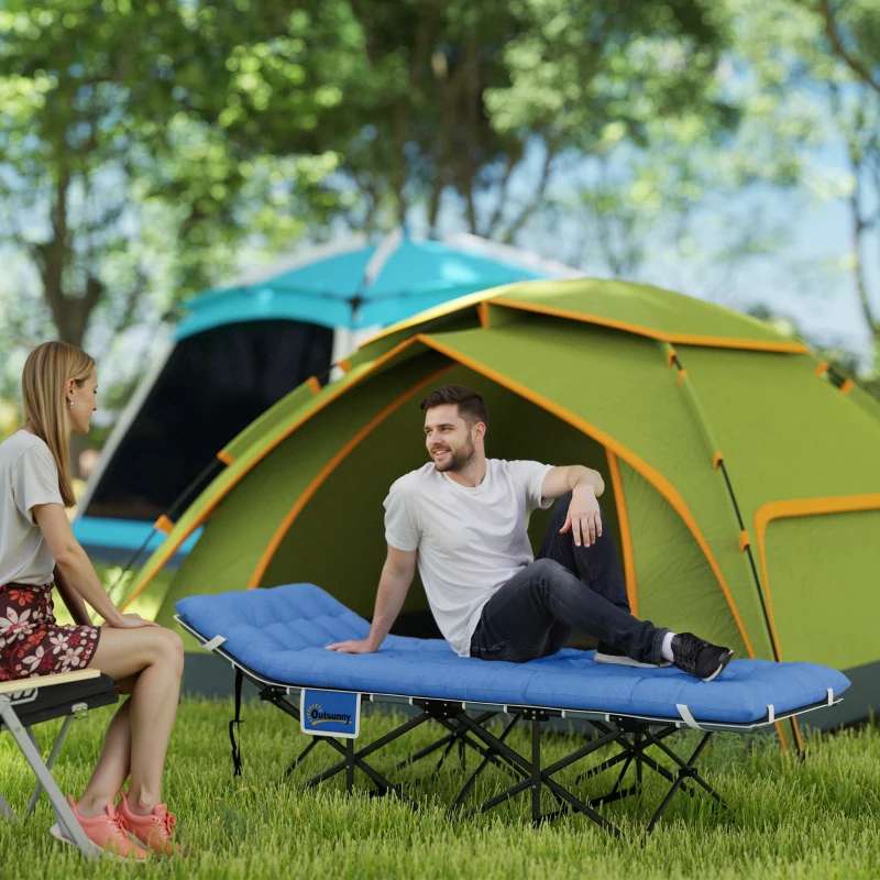 Outsunny Pat pliabil de camping cu saltea pernă buzunar lateral 190 x 65 x 37 cm până la 150 kg Albastru închis