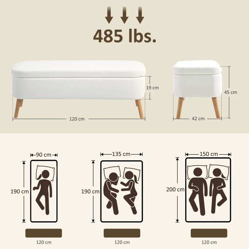 HOMCOM Panca contenitore, con capacità di 65 L, Rivestimento in pile, 120x42x45 cm, Bianco crema