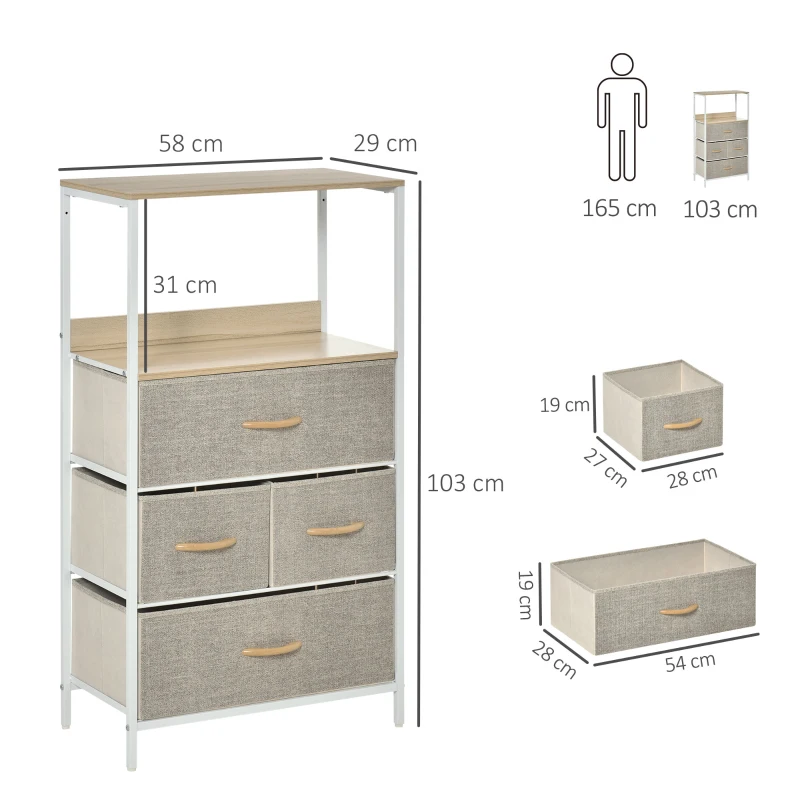 HOMCOM Comodă cameră mobilier de depozitare comodă 4 sertare din țesătură pliabile și detașabile cu rafturi deschise și cadru de metal, comodă pentru sufragerie, cameră, intrare, gri deschis