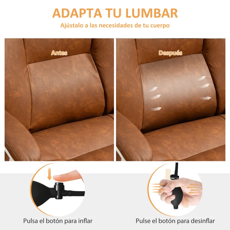 HOMCOM Silla de Escritorio con Soporte Lumbar Inflable Tapizada en PU Reposapiés Respaldo Reclinable Altura Ajustable Marrón