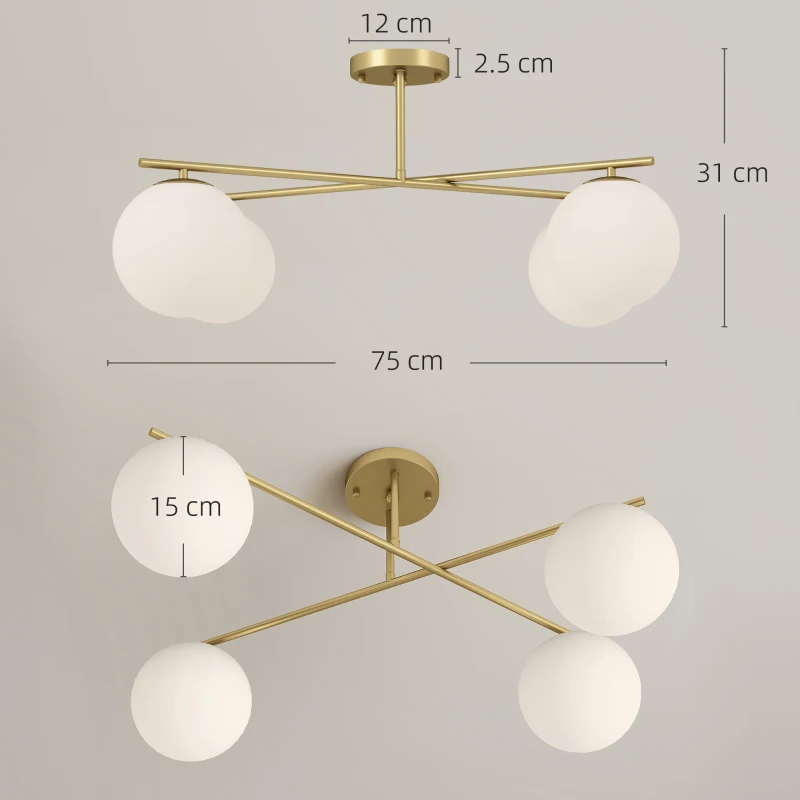 HOMCOM Plafonier candelabru modern cu 4 lumi cu soclu E14, montaj semi-aplatizat, aur si crem