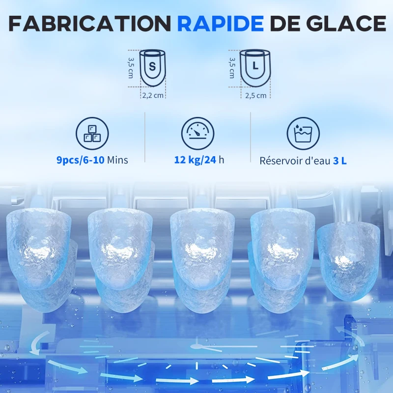 HOMCOM Machine à glaçons avec distributeur d'eau, ice maker, 12kg en 24h, 9 glaçons en 6-10 minutes, 25,2x38,9x36,3cm, noir