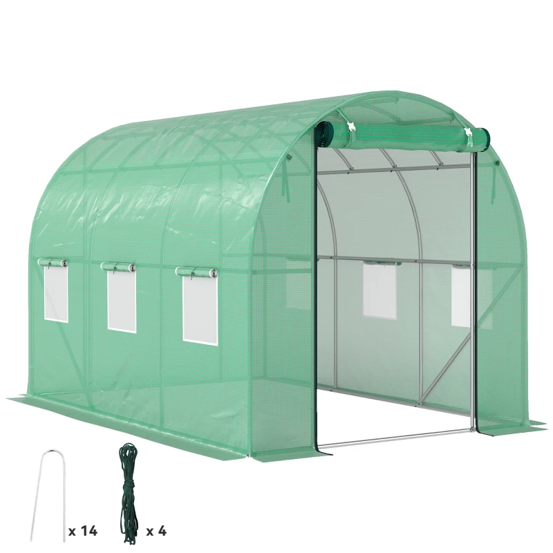 Outsunny Sera tunel de grădină 3 x 2 x 2 m cu ușă înrolabilă și ferestre mari, din oțel galvanizat și PE, verde