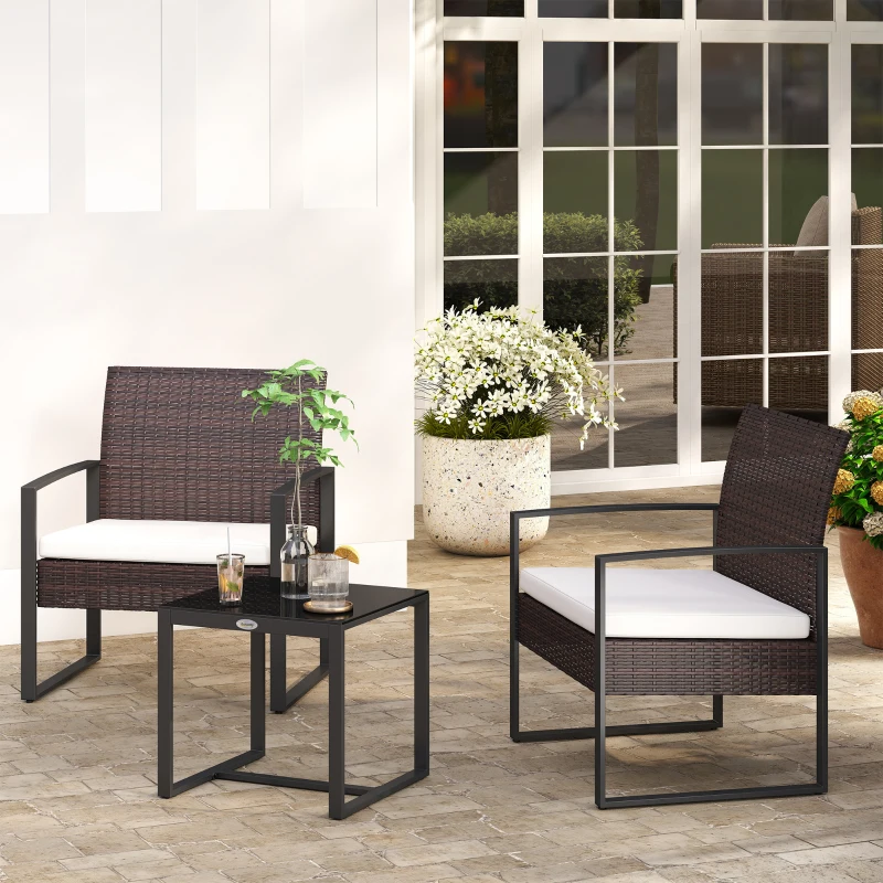 Set de mobilier de balcon Outsunny din Poliratan pentru 2 persoane, set de balcon cu perne Maro+Crem