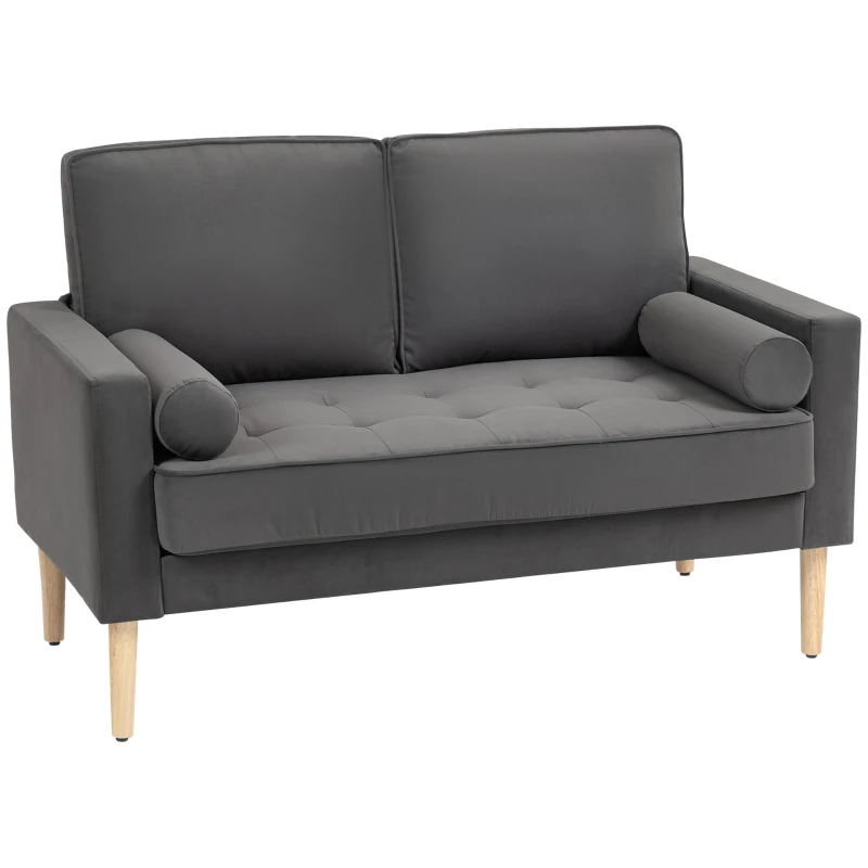 HOMCOM Canapea 2 locuri elegantă din catifea 127 cm cu perne groase, 2 perne și șezut captușit, gri