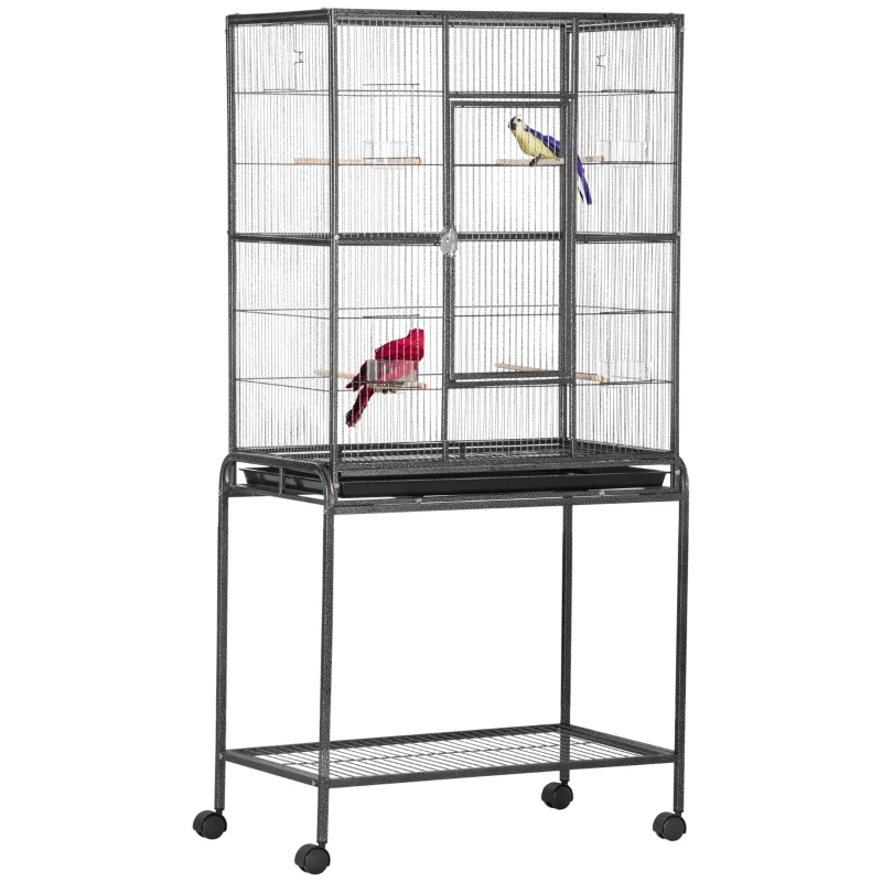 PawHut Colivie pentru Păsări Portabilă cu 4 Mânjitoare și 4 Bățuri Practică 77 x 47 x 163 cm Negru și Gri