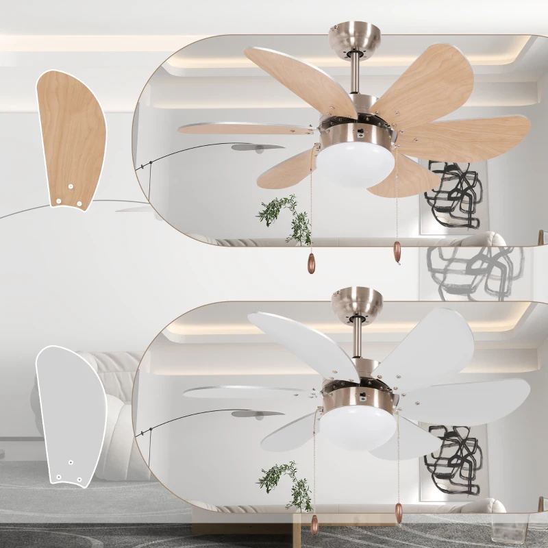 HOMCOM Ventilator de tavan cu lumină, comutator de lanț, 3 viteze, 76 cm x 76 cm x 41,5 cm, Alb