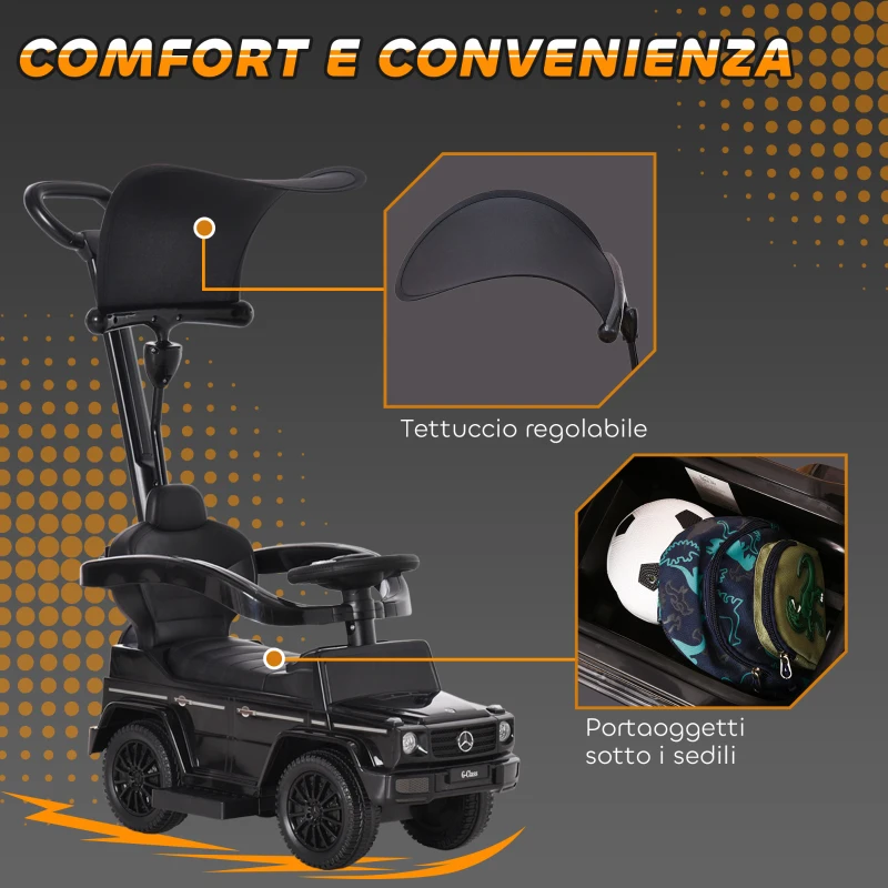 HOMCOM Macchina a Spinta per Bambini 12-36 Mesi con Licenza Mercedes, Tettuccio e Maniglia di Spinta, 85.5x40.5x95 cm, Nero