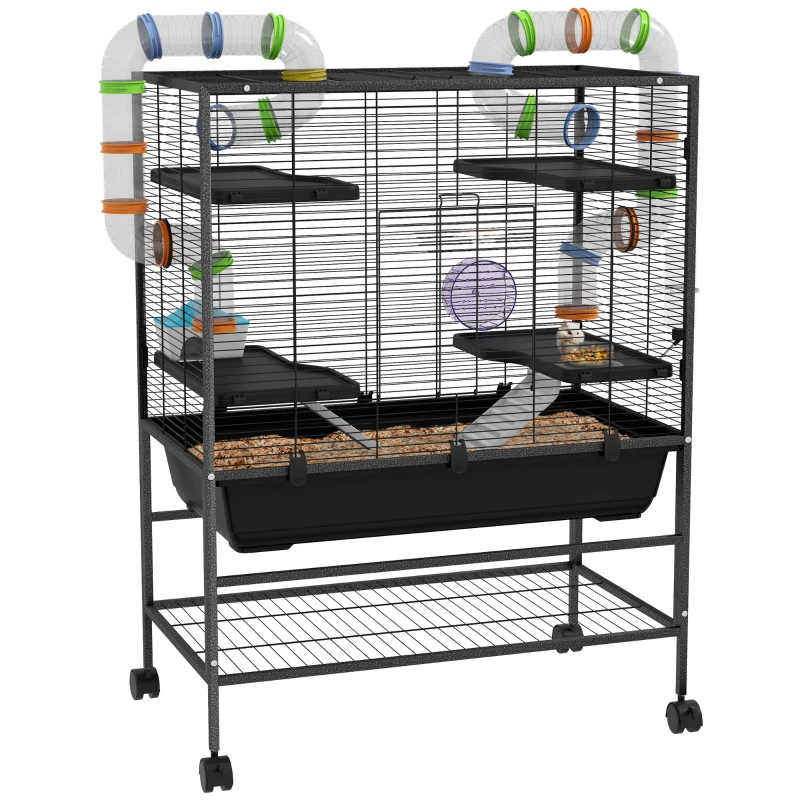 PawHut Cușcă pentru hamsteri cu tuburi, roată de alergare, casă, recipient pentru apă, 109 x 82 x 46 cm, Negru