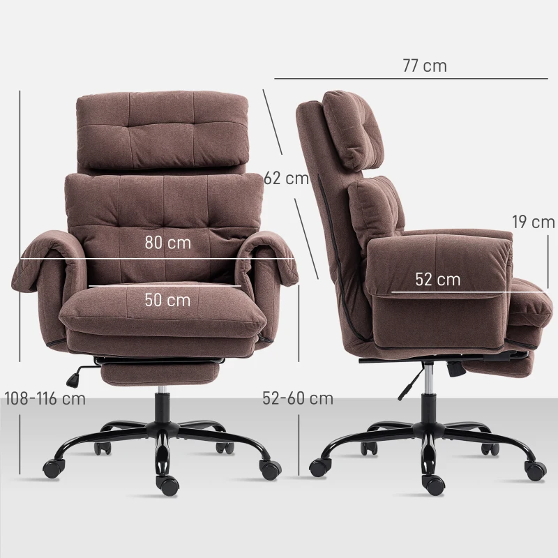 HOMCOM Chaise de bureau avec dossier réglable, fauteuil rembourré roulant, fauteuil rembourré, réglable en hauteur, en acier, Marron