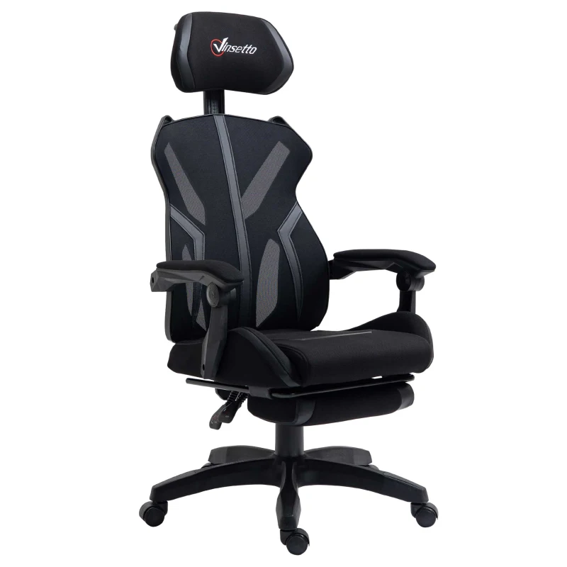 Vinsetto Scaun Gaming cu Suport pentru Picior Retractabil Scaun de Birou Rotativ Reclinabil cu Suport pentru Cap și Înălțime Ajustabilă 65x65x119-129 cm Negru