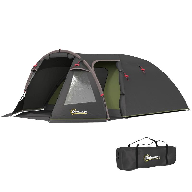 Outsunny Cort de camping familial pentru 2-4 persoane, cort tunel impermeabil 3000 mm 3 uși, 3,6 x 2,5 x 1,3 m, negru