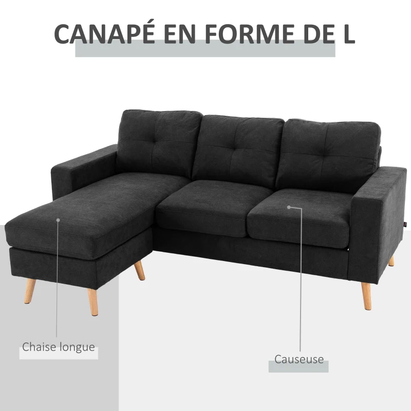 HOMCOM Canapé d'angle en tissu de lin forme L design scandinave pour salon appartement petit espace 193x136x85cm noir
