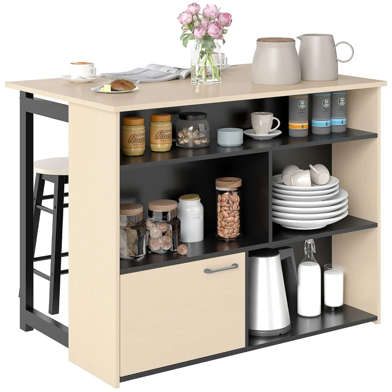 HOMCOM Set de bar 3 piese, Masă de bar cu placă pliabilă, 2 scaune de bar, 6 compartimente de stocare, negru+stejar, 116 x 70 x 89,5 cm